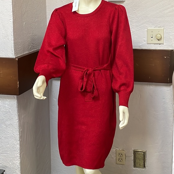 Calvin Klein-Metallic Knit Belted Long Sleeve Dress - Picture 2 of 5
